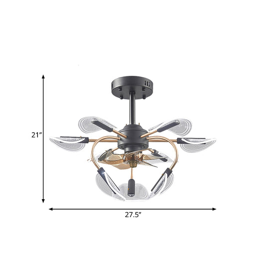 Black Cattail Leaf Fan Lamp Contemporary 9 Heads Acrylic 4-Blade Semi Flush Mount Light, 27.5" Wide Clearhalo 'Ceiling Fans with Lights' 'Ceiling Fans' 'Modern Ceiling Fans' 'Modern' Lighting' 1273156