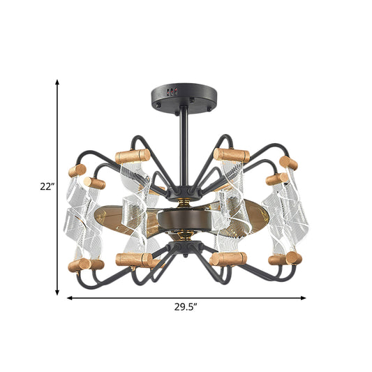 29.5" Width Acrylic Twisted Ceiling Fan Lamp Modern 8 Lights Black 3-Blade Semi Flush Light Fixture Clearhalo 'Ceiling Fans with Lights' 'Ceiling Fans' 'Modern Ceiling Fans' 'Modern' Lighting' 1273166