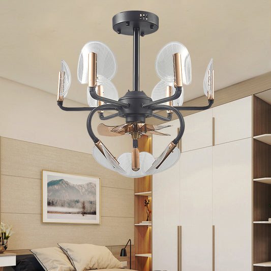 3 Blades Cattail Leaf Shape Pendant Fan Light Modernism Acrylic 23.5" Wide 9 Heads Black Semi Flush Mount Clearhalo 'Ceiling Fans with Lights' 'Ceiling Fans' 'Modern Ceiling Fans' 'Modern' Lighting' 1273168