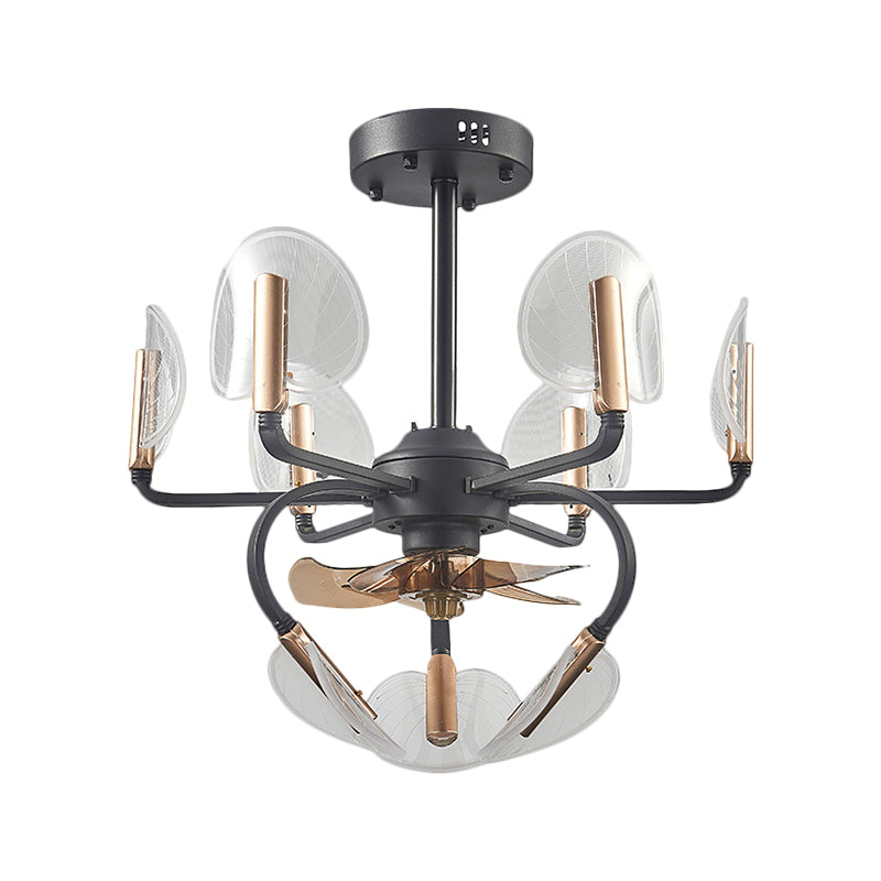 3 Blades Cattail Leaf Shape Pendant Fan Light Modernism Acrylic 23.5" Wide 9 Heads Black Semi Flush Mount Clearhalo 'Ceiling Fans with Lights' 'Ceiling Fans' 'Modern Ceiling Fans' 'Modern' Lighting' 1273170