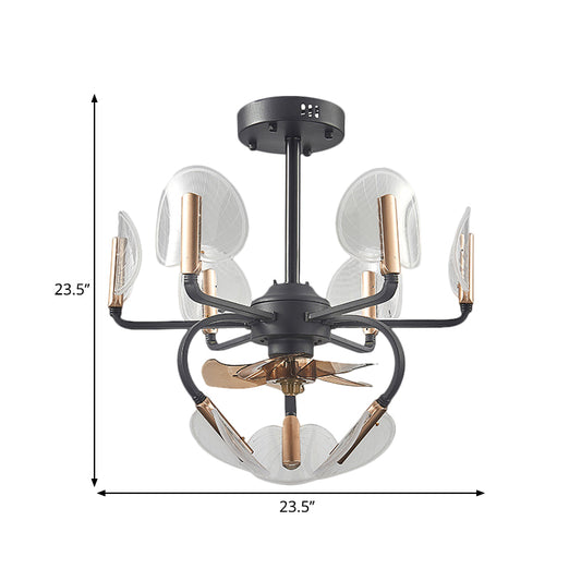 3 Blades Cattail Leaf Shape Pendant Fan Light Modernism Acrylic 23.5" Wide 9 Heads Black Semi Flush Mount Clearhalo 'Ceiling Fans with Lights' 'Ceiling Fans' 'Modern Ceiling Fans' 'Modern' Lighting' 1273171