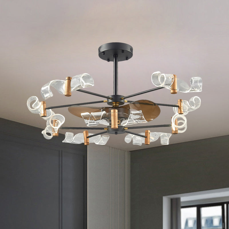 Acrylic Swirling Semi Flush Light Modernist 10 Lights 39" W Hanging Fan Lamp with 3 Brown Blades in Black Clearhalo 'Ceiling Fans with Lights' 'Ceiling Fans' 'Modern Ceiling Fans' 'Modern' Lighting' 1273173