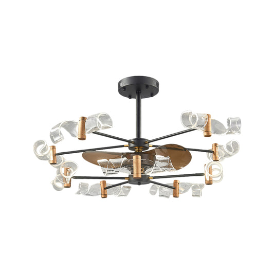 Acrylic Swirling Semi Flush Light Modernist 10 Lights 39" W Hanging Fan Lamp with 3 Brown Blades in Black Clearhalo 'Ceiling Fans with Lights' 'Ceiling Fans' 'Modern Ceiling Fans' 'Modern' Lighting' 1273175