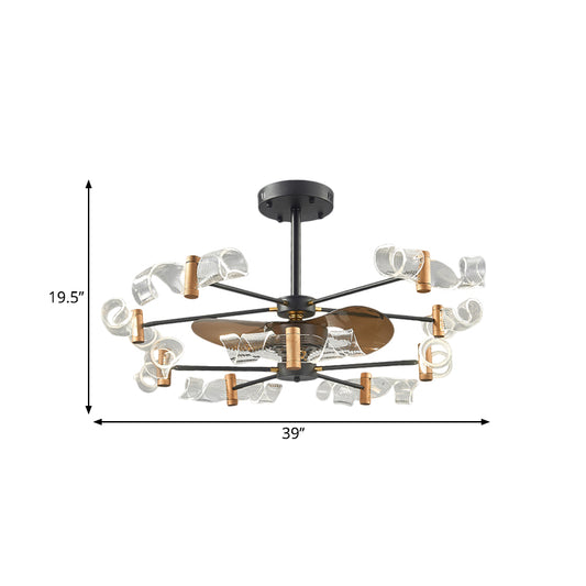 Acrylic Swirling Semi Flush Light Modernist 10 Lights 39" W Hanging Fan Lamp with 3 Brown Blades in Black Clearhalo 'Ceiling Fans with Lights' 'Ceiling Fans' 'Modern Ceiling Fans' 'Modern' Lighting' 1273176