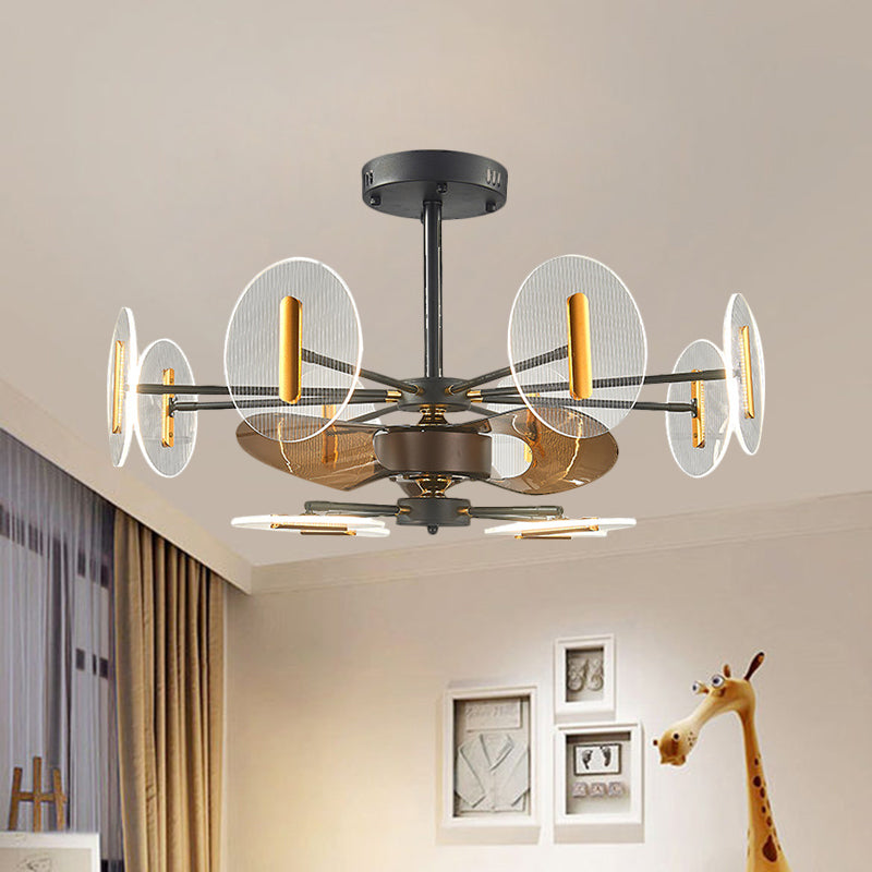 39" Wide Black Round Panel Semi Flush Minimalism 12 Heads Acrylic Pendant Fan Light with 3 Blades Clearhalo 'Ceiling Fans with Lights' 'Ceiling Fans' 'Modern Ceiling Fans' 'Modern' Lighting' 1273178