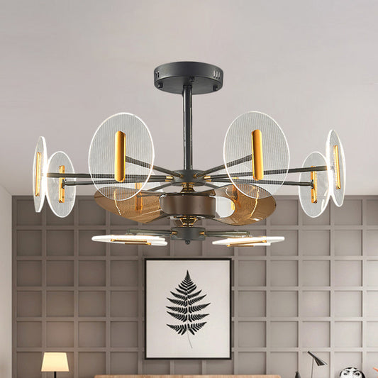 39" Wide Black Round Panel Semi Flush Minimalism 12 Heads Acrylic Pendant Fan Light with 3 Blades Black Clearhalo 'Ceiling Fans with Lights' 'Ceiling Fans' 'Modern Ceiling Fans' 'Modern' Lighting' 1273179