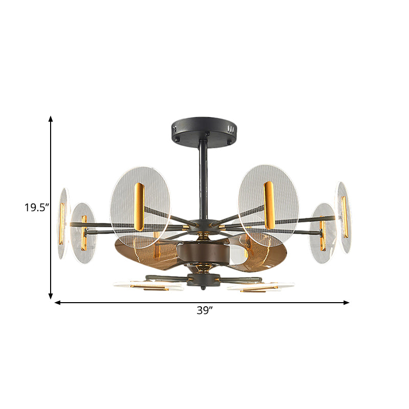 39" Wide Black Round Panel Semi Flush Minimalism 12 Heads Acrylic Pendant Fan Light with 3 Blades Clearhalo 'Ceiling Fans with Lights' 'Ceiling Fans' 'Modern Ceiling Fans' 'Modern' Lighting' 1273181