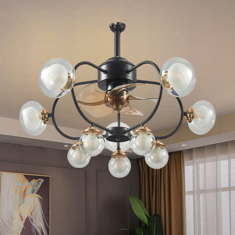 25.5" W Modernism Ball Semi Flush Clear Glass 10 Bulbs Parlour Frame Fan Light in Black, 4 Blades Black Clearhalo 'Ceiling Fans with Lights' 'Ceiling Fans' 'Modern Ceiling Fans' 'Modern' Lighting' 1273189