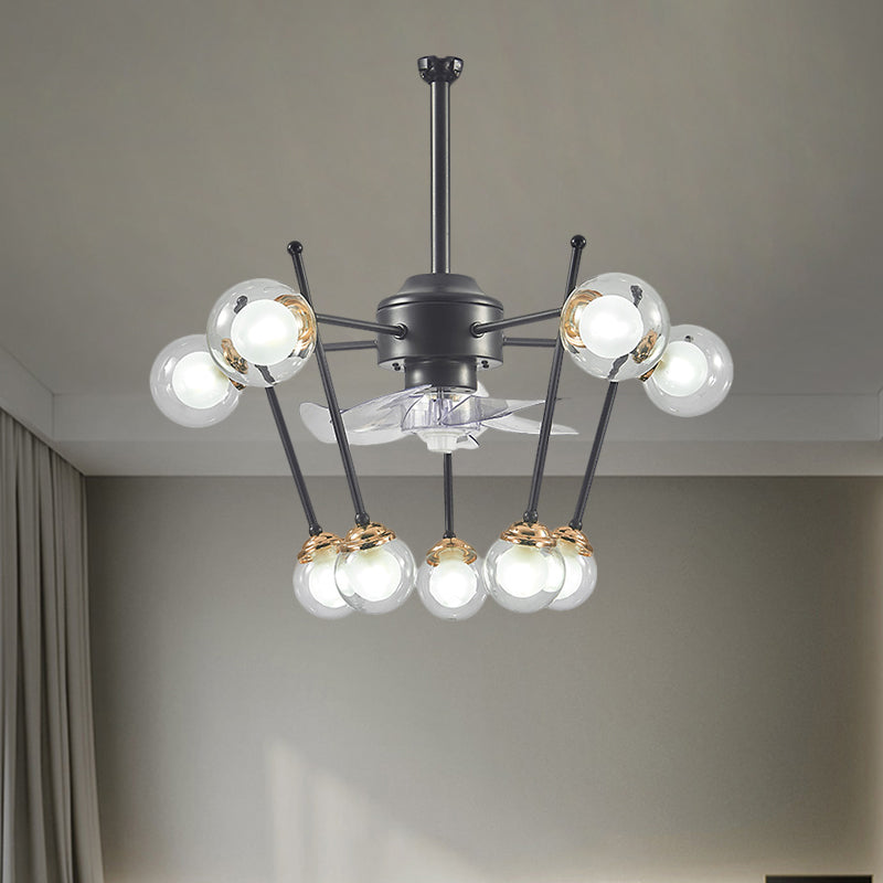 Sphere Parlour Hanging Fan Light Clear Glass 10 Heads 25.5" Width Modernism 4-Blade Semi Flush in Black Clearhalo 'Ceiling Fans with Lights' 'Ceiling Fans' 'Modern Ceiling Fans' 'Modern' Lighting' 1273198