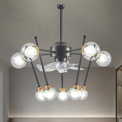 Sphere Parlour Hanging Fan Light Clear Glass 10 Heads 25.5" Width Modernism 4-Blade Semi Flush in Black Black Clearhalo 'Ceiling Fans with Lights' 'Ceiling Fans' 'Modern Ceiling Fans' 'Modern' Lighting' 1273199