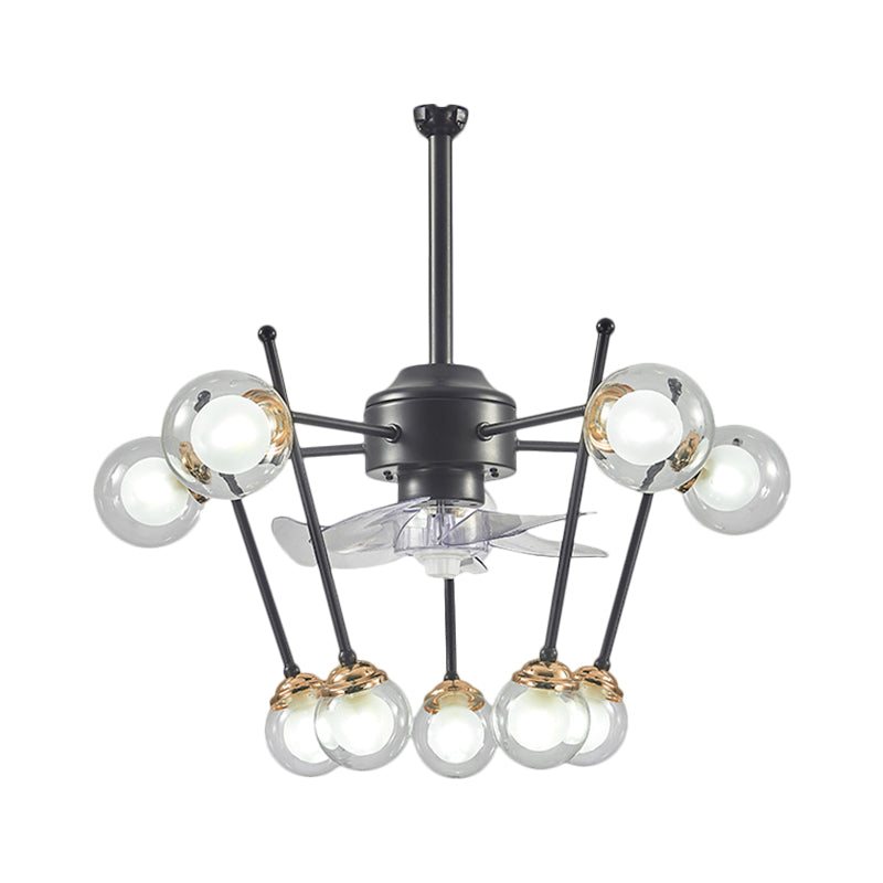 Sphere Parlour Hanging Fan Light Clear Glass 10 Heads 25.5" Width Modernism 4-Blade Semi Flush in Black Clearhalo 'Ceiling Fans with Lights' 'Ceiling Fans' 'Modern Ceiling Fans' 'Modern' Lighting' 1273200
