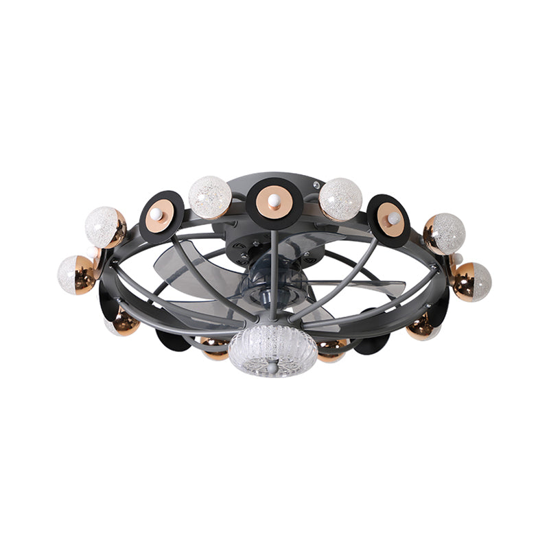 Oval Cage Metallic Pendant Fan Lamp Modernist 25.5" W 11 Heads White/Grey/Coffee Semi Flushmount, 4 Blades Clearhalo 'Ceiling Fans with Lights' 'Ceiling Fans' 'Modern Ceiling Fans' 'Modern' Lighting' 1273272