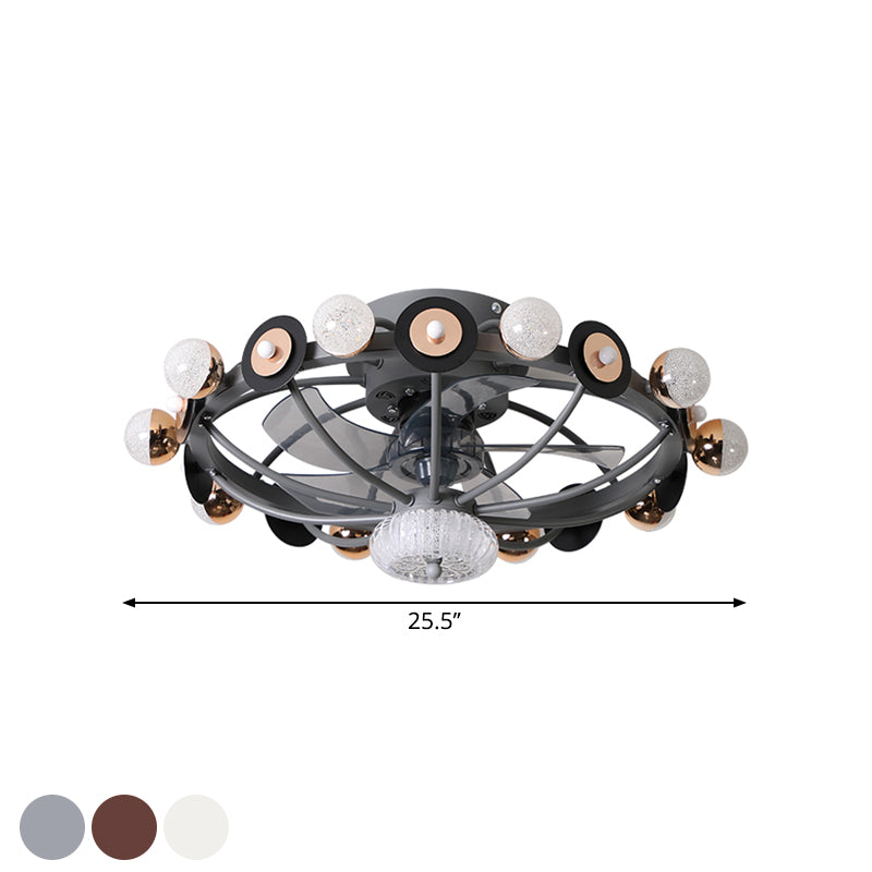 Oval Cage Metallic Pendant Fan Lamp Modernist 25.5" W 11 Heads White/Grey/Coffee Semi Flushmount, 4 Blades Clearhalo 'Ceiling Fans with Lights' 'Ceiling Fans' 'Modern Ceiling Fans' 'Modern' Lighting' 1273273