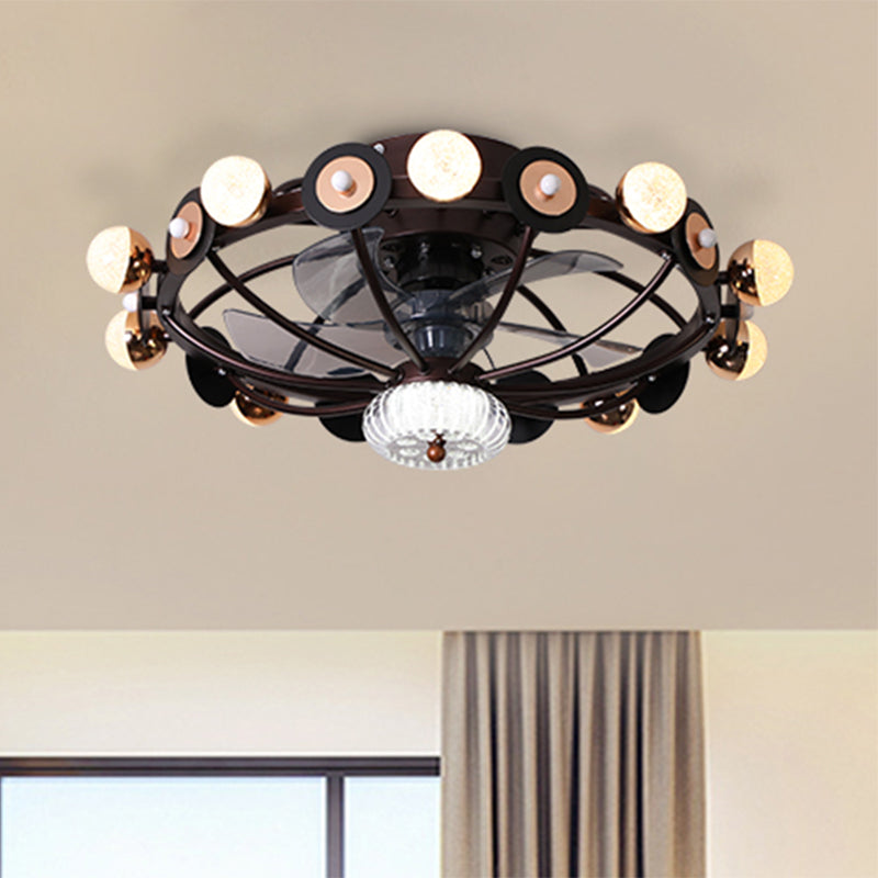 Oval Cage Metallic Pendant Fan Lamp Modernist 25.5" W 11 Heads White/Grey/Coffee Semi Flushmount, 4 Blades Coffee Clearhalo 'Ceiling Fans with Lights' 'Ceiling Fans' 'Modern Ceiling Fans' 'Modern' Lighting' 1273274