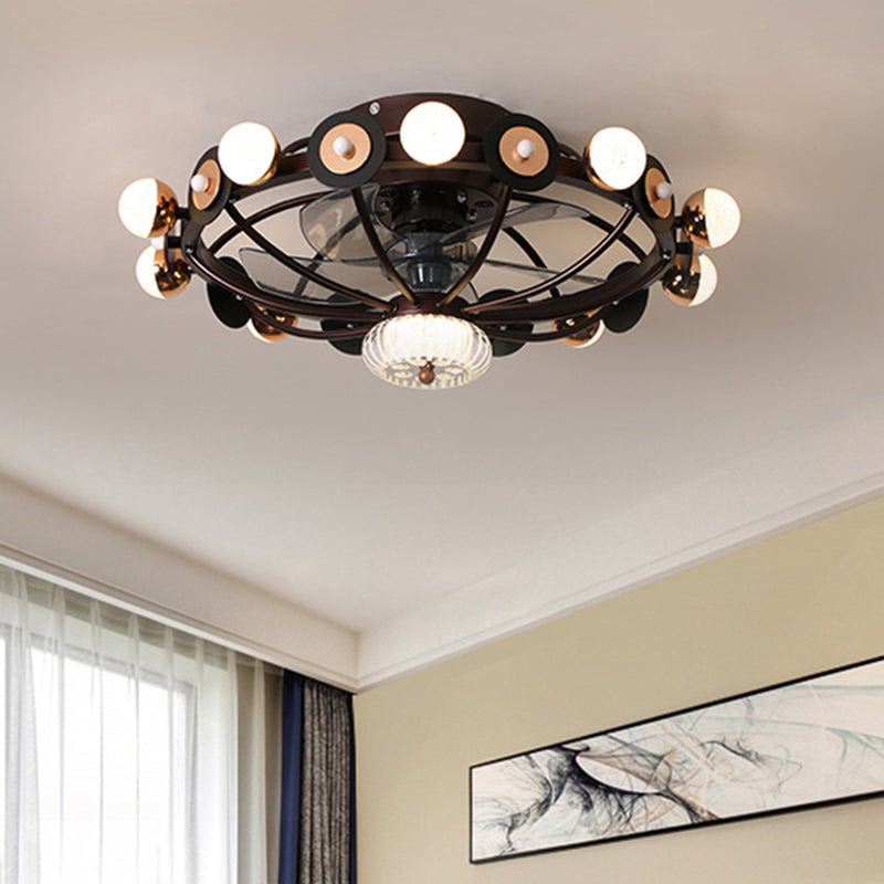 Oval Cage Metallic Pendant Fan Lamp Modernist 25.5" W 11 Heads White/Grey/Coffee Semi Flushmount, 4 Blades Clearhalo 'Ceiling Fans with Lights' 'Ceiling Fans' 'Modern Ceiling Fans' 'Modern' Lighting' 1273275