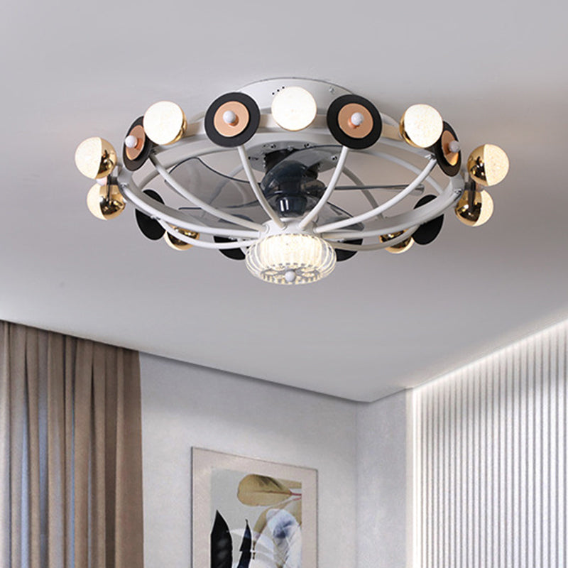 Oval Cage Metallic Pendant Fan Lamp Modernist 25.5" W 11 Heads White/Grey/Coffee Semi Flushmount, 4 Blades White Clearhalo 'Ceiling Fans with Lights' 'Ceiling Fans' 'Modern Ceiling Fans' 'Modern' Lighting' 1273278