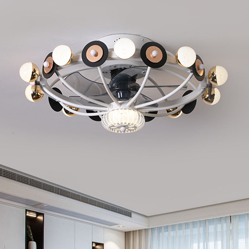 Oval Cage Metallic Pendant Fan Lamp Modernist 25.5" W 11 Heads White/Grey/Coffee Semi Flushmount, 4 Blades Clearhalo 'Ceiling Fans with Lights' 'Ceiling Fans' 'Modern Ceiling Fans' 'Modern' Lighting' 1273279