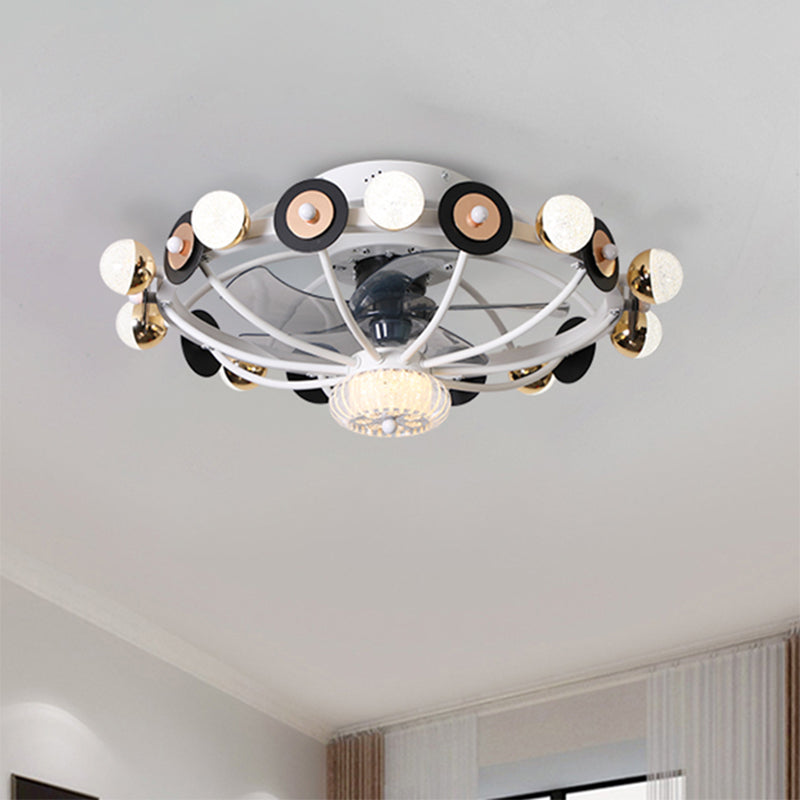 Oval Cage Metallic Pendant Fan Lamp Modernist 25.5" W 11 Heads White/Grey/Coffee Semi Flushmount, 4 Blades Clearhalo 'Ceiling Fans with Lights' 'Ceiling Fans' 'Modern Ceiling Fans' 'Modern' Lighting' 1273280