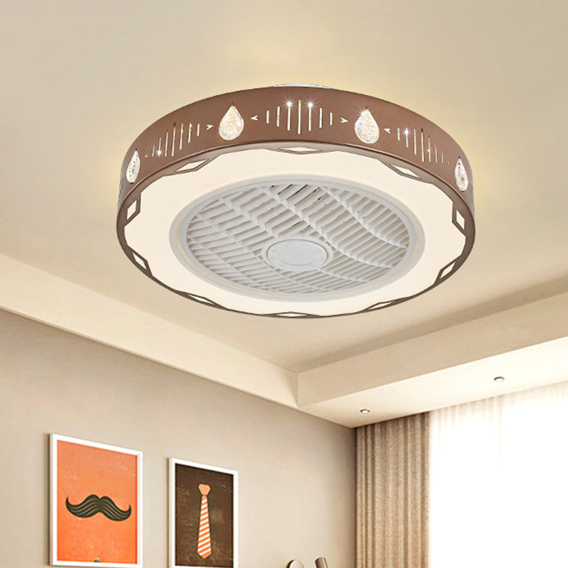 Minimalist Drum Semi Mount Lighting Metallic 19.5"/23.5" Wide LED Bedroom Fan Lamp Fixture in Coffee Coffee Clearhalo 'Ceiling Fans with Lights' 'Ceiling Fans' 'Modern Ceiling Fans' 'Modern' Lighting' 1273288
