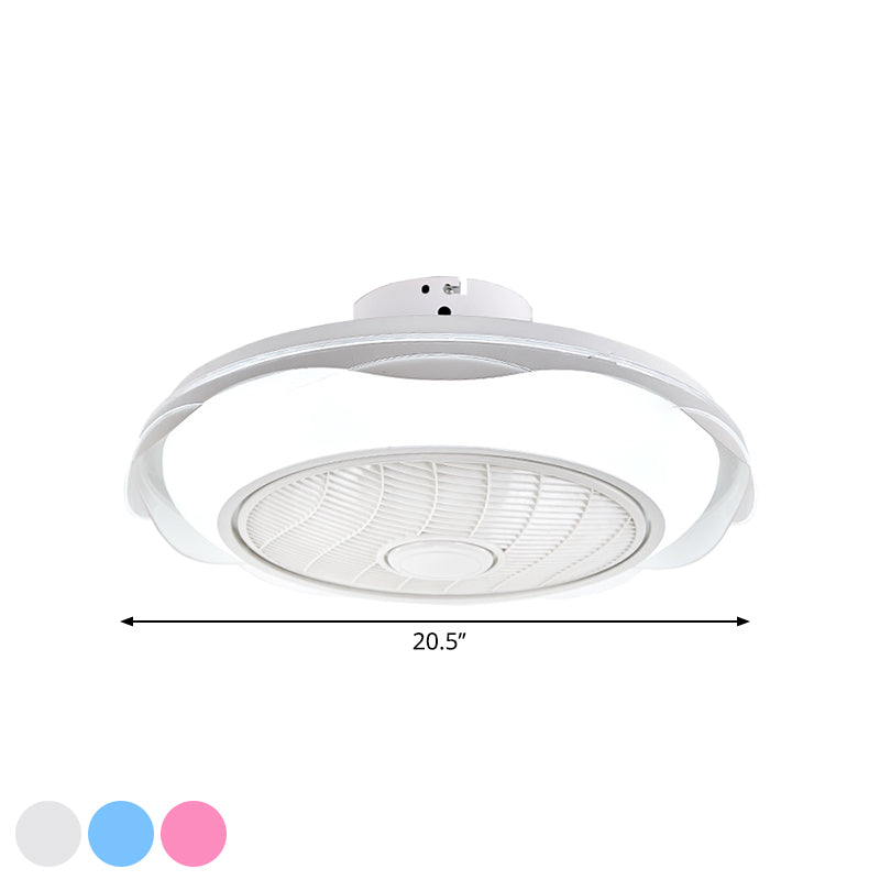 White/Pink/Blue Circle Ceiling Fan Lighting Modernism LED Metal Semi Flush Lamp, 20.5" W Clearhalo 'Ceiling Fans with Lights' 'Ceiling Fans' 'Modern Ceiling Fans' 'Modern' Lighting' 1273304