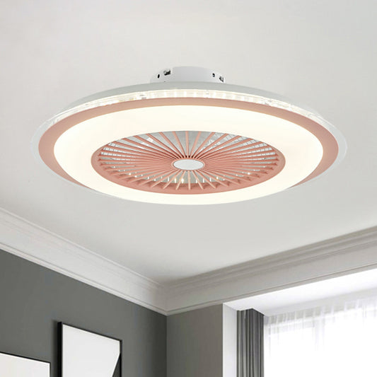 Circular Ceiling Fan Light Minimalist Metal 23.5" Wide White/Pink Finish LED Semi Flush Lamp Pink Clearhalo 'Ceiling Fans with Lights' 'Ceiling Fans' 'Modern Ceiling Fans' 'Modern' Lighting' 1273351