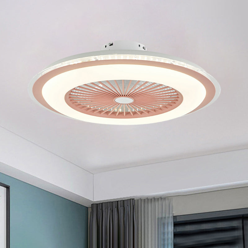 Circular Ceiling Fan Light Minimalist Metal 23.5" Wide White/Pink Finish LED Semi Flush Lamp Clearhalo 'Ceiling Fans with Lights' 'Ceiling Fans' 'Modern Ceiling Fans' 'Modern' Lighting' 1273352