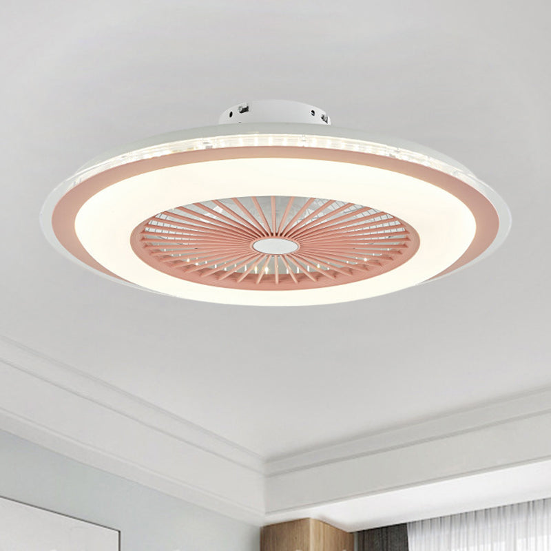 Circular Ceiling Fan Light Minimalist Metal 23.5" Wide White/Pink Finish LED Semi Flush Lamp Clearhalo 'Ceiling Fans with Lights' 'Ceiling Fans' 'Modern Ceiling Fans' 'Modern' Lighting' 1273353