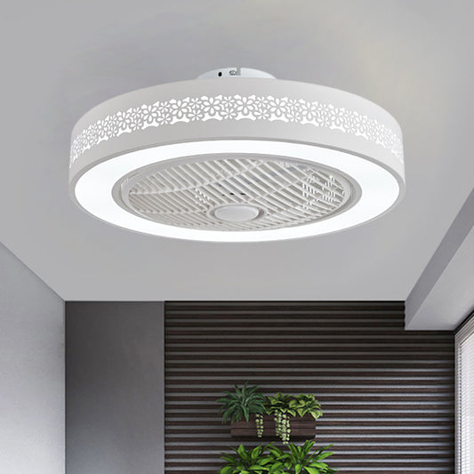 White Drum Shape Pendant Fan Light Simple 21.5" W LED Metallic Semi-Flush Ceiling Lamp Clearhalo 'Ceiling Fans with Lights' 'Ceiling Fans' 'Modern Ceiling Fans' 'Modern' Lighting' 1273370