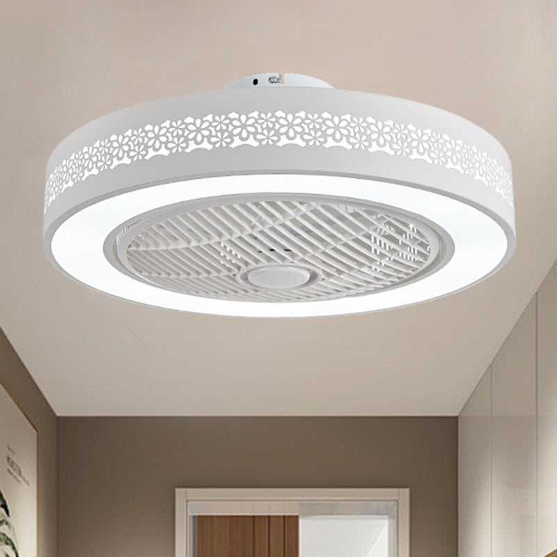 White Drum Shape Pendant Fan Light Simple 21.5" W LED Metallic Semi-Flush Ceiling Lamp White Clearhalo 'Ceiling Fans with Lights' 'Ceiling Fans' 'Modern Ceiling Fans' 'Modern' Lighting' 1273371