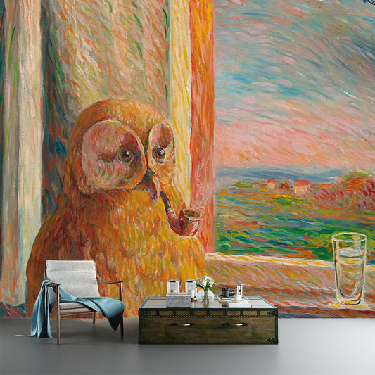 Yellow-Brown Surreal Wall Murals Whole Owl Smoking Pipe Painting Wall Art for Home Clearhalo 'Wall Decor' 'Wall Mural' 1273521