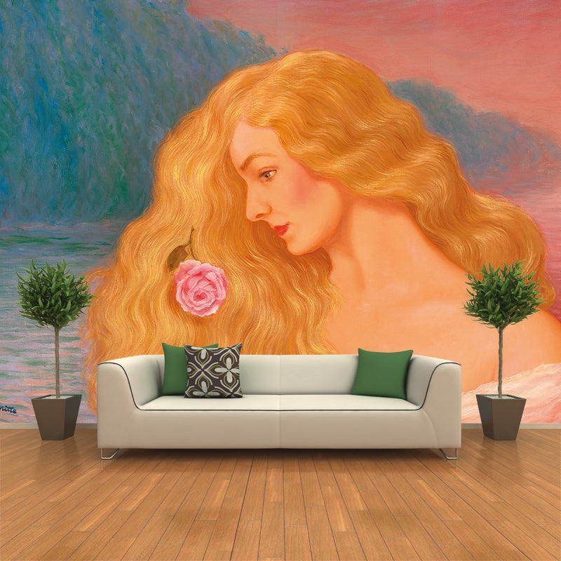 Surrealism Girls Mural Wallpaper with Rene Magritte Blonde Women Painting Brown Wall Decor Brown Clearhalo 'Wall Decor' 'Wall Mural' 1273530