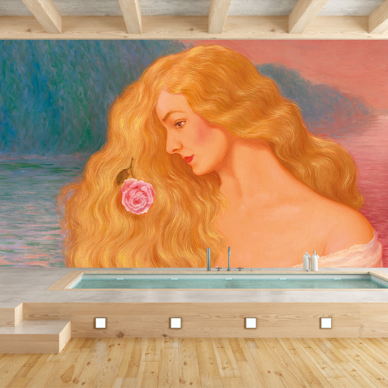 Surrealism Girls Mural Wallpaper with Rene Magritte Blonde Women Painting Brown Wall Decor Clearhalo 'Wall Decor' 'Wall Mural' 1273531
