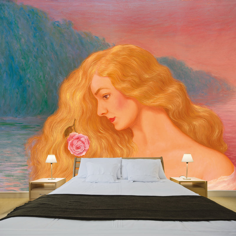 Surrealism Girls Mural Wallpaper with Rene Magritte Blonde Women Painting Brown Wall Decor Clearhalo 'Wall Decor' 'Wall Mural' 1273532