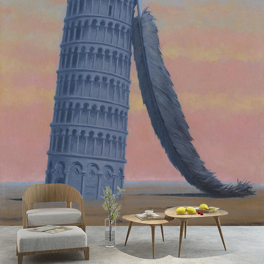 Large Scenery Wall Mural Decal for Bedroom Feather and Leaning Tower of Pisa Wall Decor, Orange-Blue, Washable Clearhalo 'Wall Decor' 'Wall Mural' 1273697