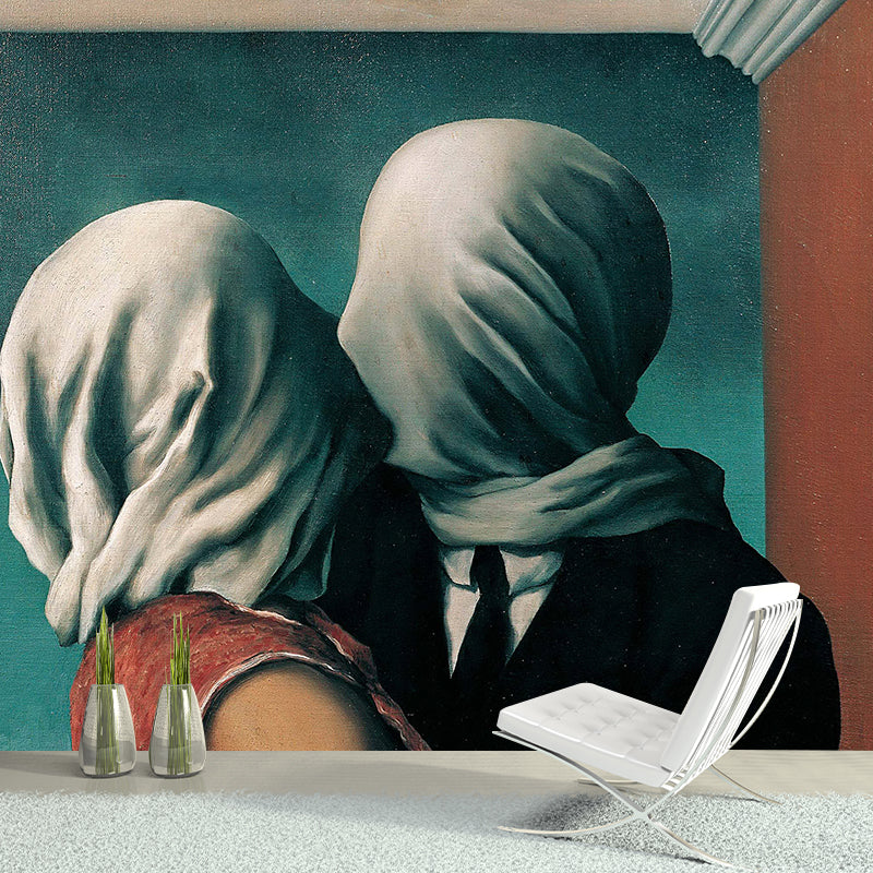 Non-Woven Large Grey Murals Surreal Masked Lover Kissing Pattern Wall Art, Made to Measure Red-Green Clearhalo 'Wall Decor' 'Wall Mural' 1273738