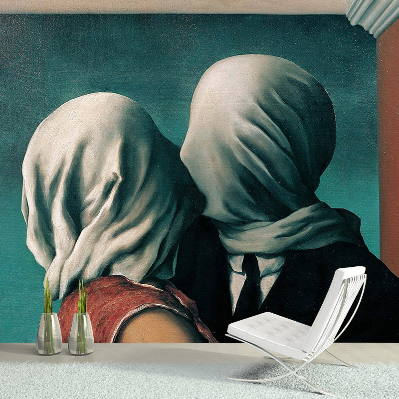 Non-Woven Large Grey Murals Surreal Masked Lover Kissing Pattern Wall Art, Made to Measure Clearhalo 'Wall Decor' 'Wall Mural' 1273740