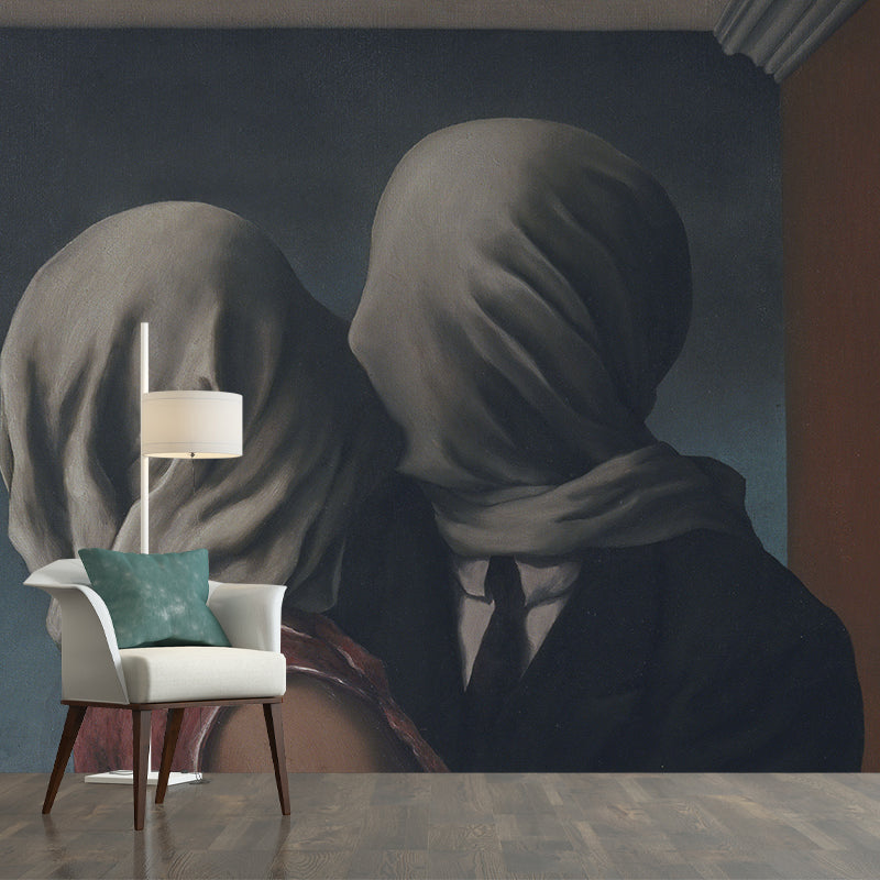 Non-Woven Large Grey Murals Surreal Masked Lover Kissing Pattern Wall Art, Made to Measure Grey Clearhalo 'Wall Decor' 'Wall Mural' 1273743