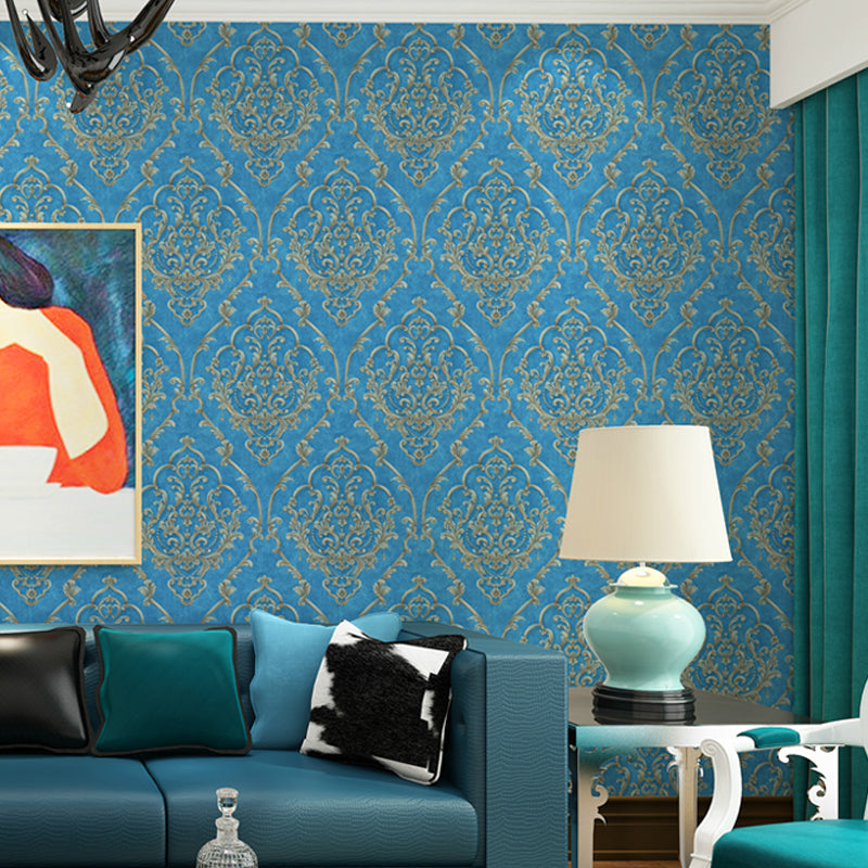 Soft Color Medallion Wallpaper Damask Nostalgic Stain-Resistant Wall Art for Living Room Royal Blue Clearhalo 'Vintage wall decor' 'Vintage' 'Wallpaper' Wall Decor' 1273912