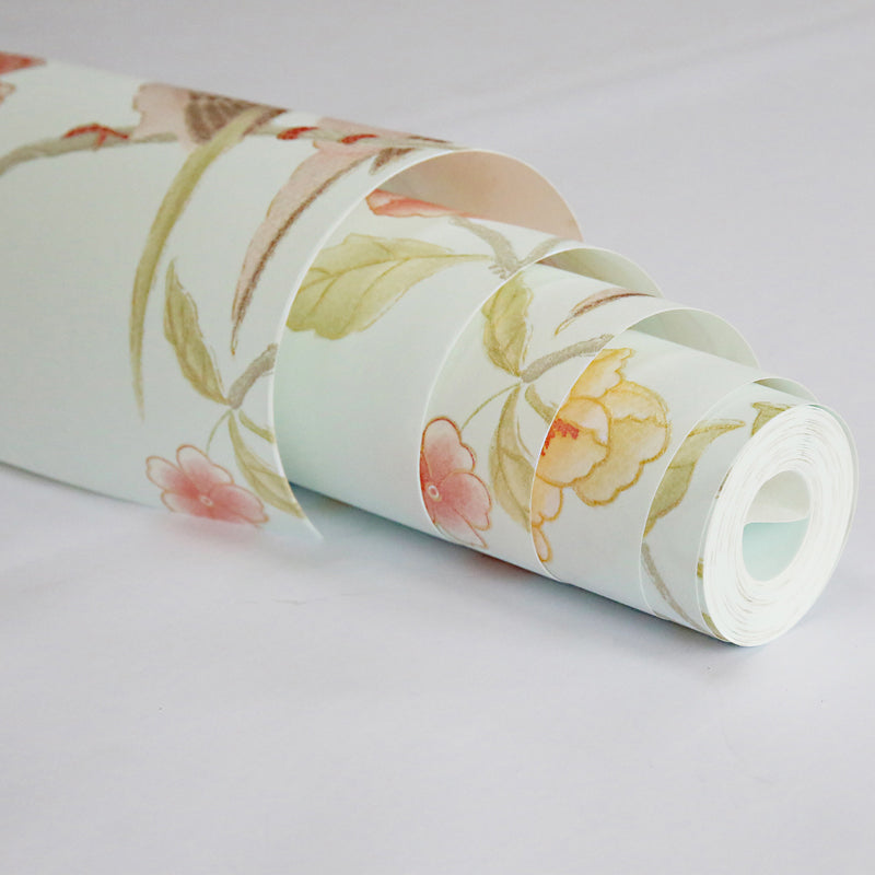 Countryside Bird and Peonies Wallpaper Pastel Color Flower Wall Covering for Living Room Clearhalo 'Country wall decor' 'Rustic' 'Wallpaper' Wall Decor' 1274231