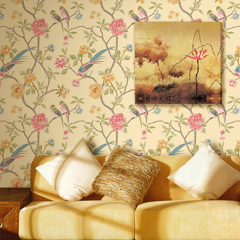 Countryside Bird and Peonies Wallpaper Pastel Color Flower Wall Covering for Living Room Yellow Clearhalo 'Country wall decor' 'Rustic' 'Wallpaper' Wall Decor' 1274233