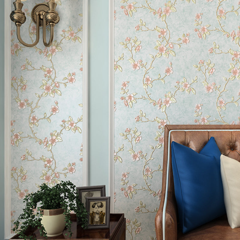 Cottage Blooming Apricot Wallpaper Light-Pink Bedroom Wall Decor, 33' L x 20.5" W Light Blue Clearhalo 'Country wall decor' 'Rustic' 'Wallpaper' Wall Decor' 1274245