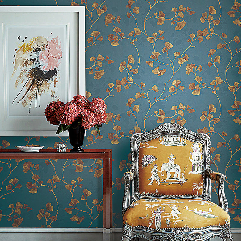 Rural Ginkgo Leaf Wallpaper Roll for Living Room 57.1-sq ft Wall Covering in Pastel Color Dark Blue Clearhalo 'Country wall decor' 'Rustic' 'Wallpaper' Wall Decor' 1274277