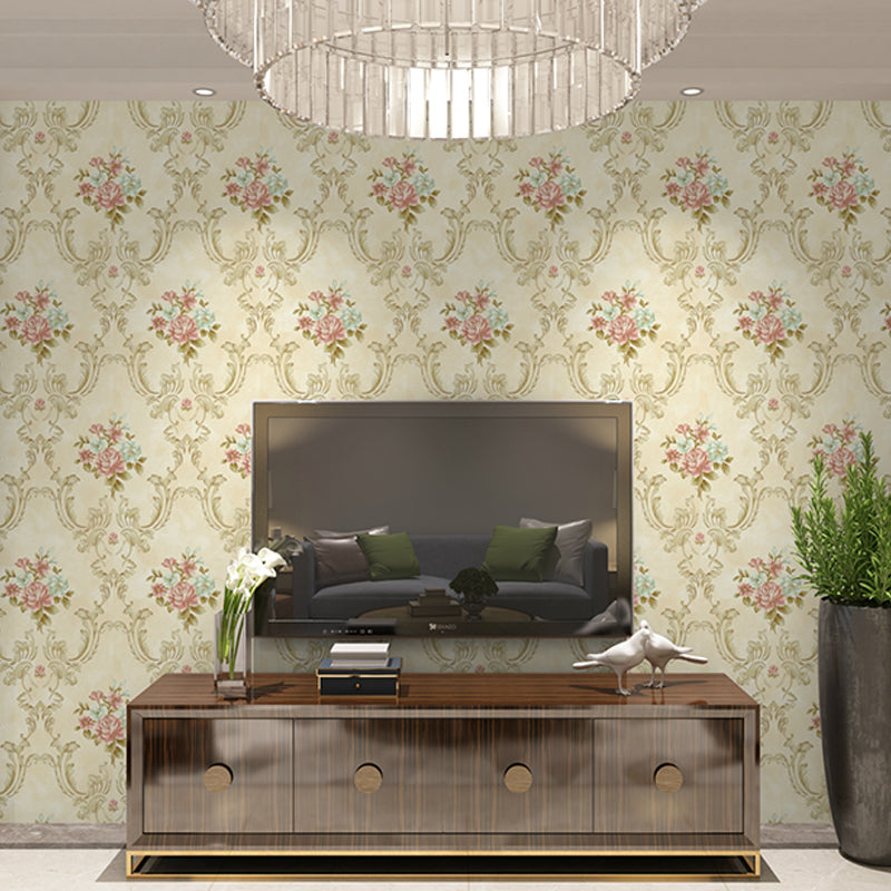 Washable Peonies Print Wallpaper Non-Woven Fabric Rustic Wall Decor for Living Room Clearhalo 'Country wall decor' 'Rustic' 'Wallpaper' Wall Decor' 1274292