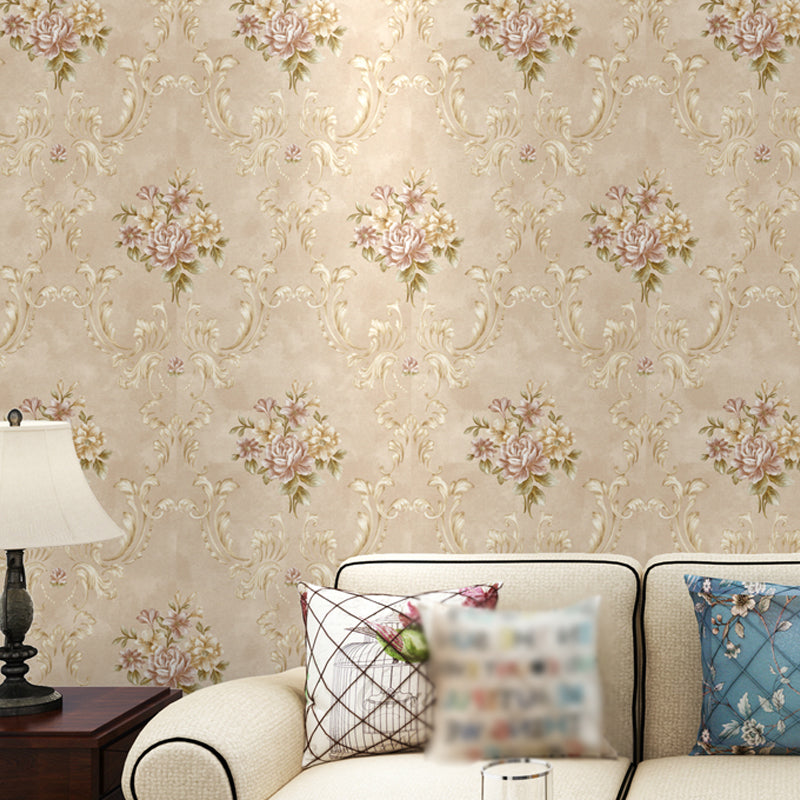 Washable Peonies Print Wallpaper Non-Woven Fabric Rustic Wall Decor for Living Room Beige Clearhalo 'Country wall decor' 'Rustic' 'Wallpaper' Wall Decor' 1274315