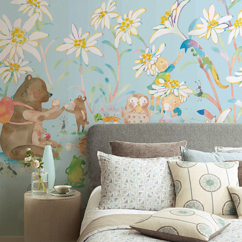 Full-Size Childrens Art Murals Soft Color Picnic Bear in Flower Land Pattern Wall Decor, Custom Made Sky Blue Clearhalo 'Wall Decor' 'Wall Mural' 1274400