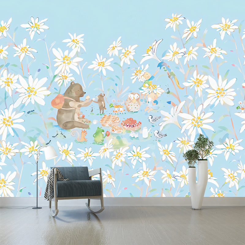 Full-Size Childrens Art Murals Soft Color Picnic Bear in Flower Land Pattern Wall Decor, Custom Made Clearhalo 'Wall Decor' 'Wall Mural' 1274402