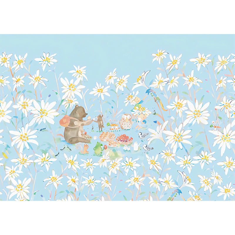 Full-Size Childrens Art Murals Soft Color Picnic Bear in Flower Land Pattern Wall Decor, Custom Made Clearhalo 'Wall Decor' 'Wall Mural' 1274403