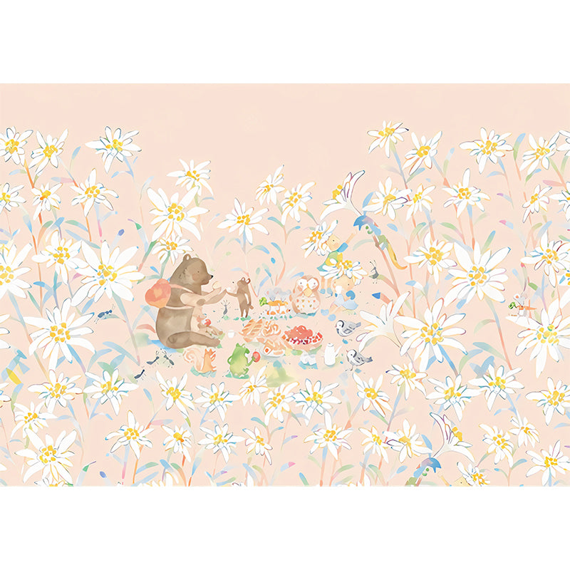 Full-Size Childrens Art Murals Soft Color Picnic Bear in Flower Land Pattern Wall Decor, Custom Made Clearhalo 'Wall Decor' 'Wall Mural' 1274408