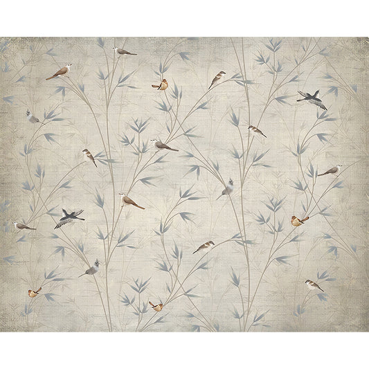 Custom Illustration Chinese Mural Decal with Bird on Bamboo Branch Pattern in Grey-Light Yellow Clearhalo 'Wall Decor' 'Wall Mural' 1274413