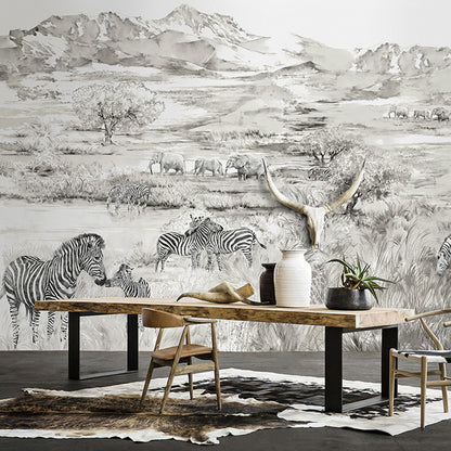 Tropix Animals African Savannas Murals in Pewter Stain Resistant Wall Art for Living Room Pewter Clearhalo 'Wall Decor' 'Wall Mural' 1274470
